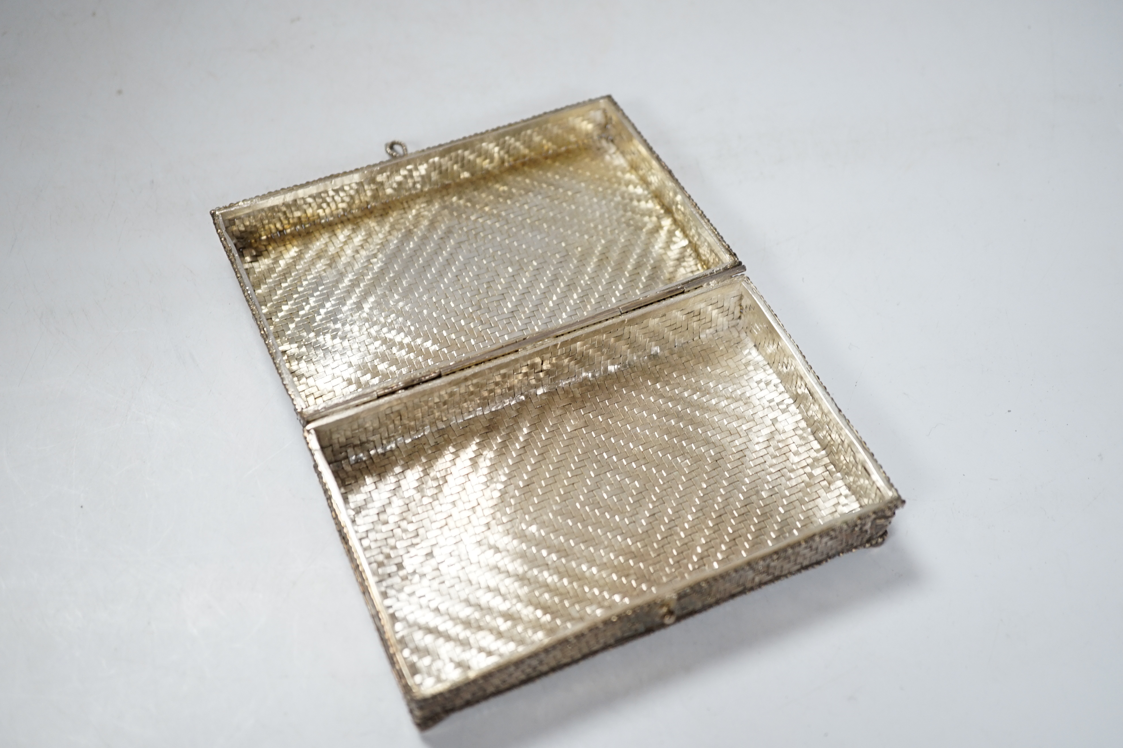 An Asian woven white metal casket, 12.5cm